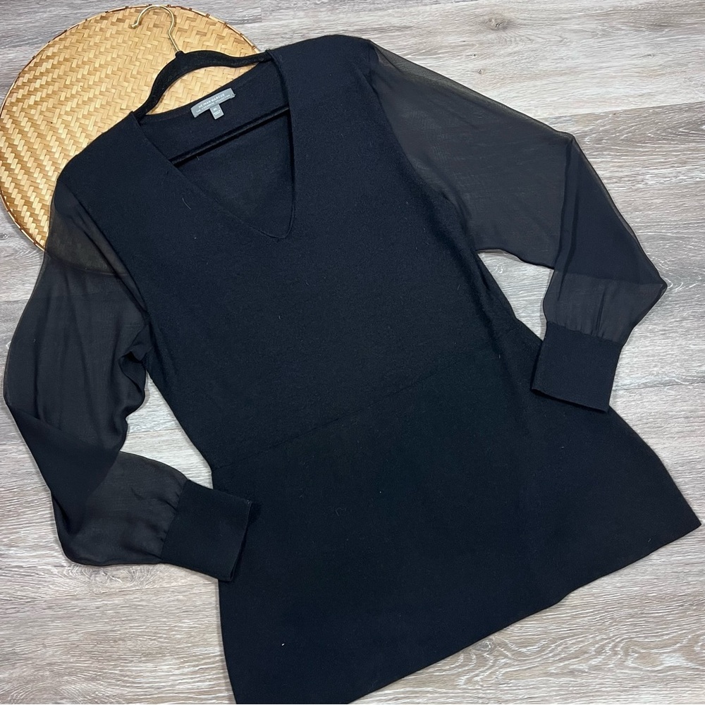 Neiman Marcus cashmere collection black peplum sweater with sheer silk sleeves